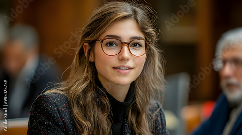 Young Woman with Glasses Smiles in Meeting