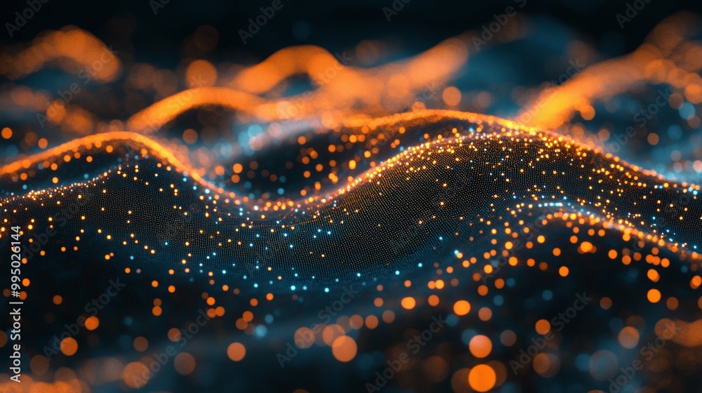 Obraz premium Abstract waves of light and color create a mesmerizing digital landscape, showcasing vibrant orange and blue particles.