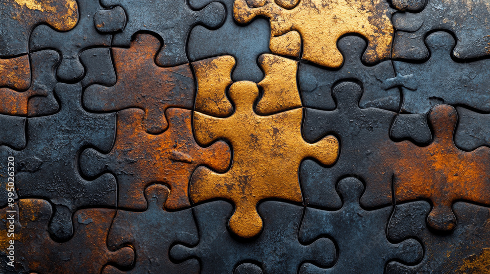 Gold puzzle piece stands out against a dark background. Gold puzzle piece stands out against a dark background.