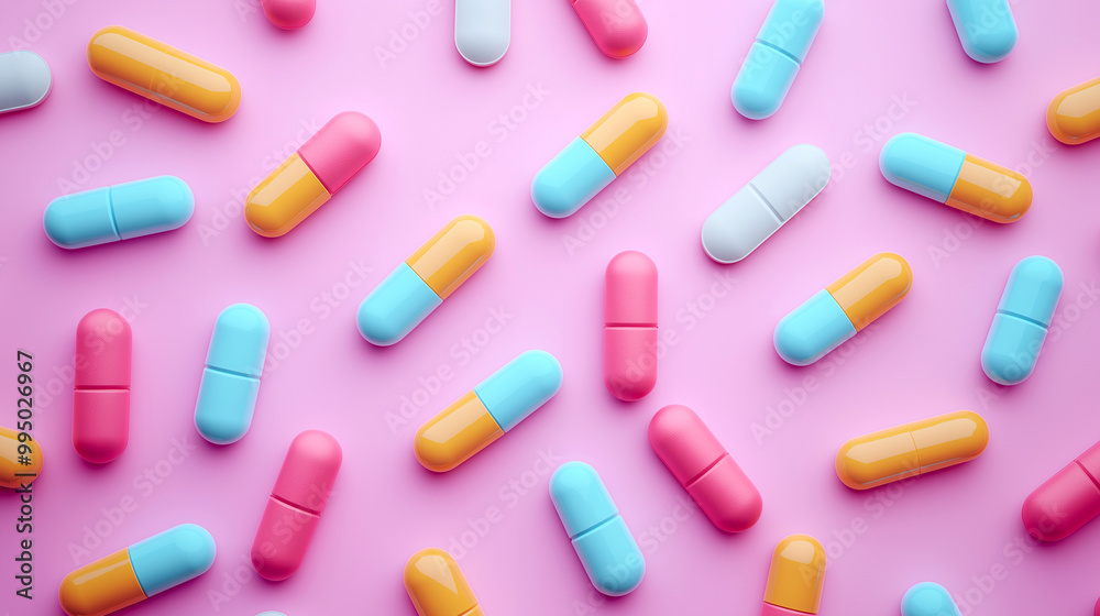 Flat lay colorful medicine different pills, tablets and capsules on pink pastel background Flat lay colorful medicine different pills, tablets and capsules on pink pastel background