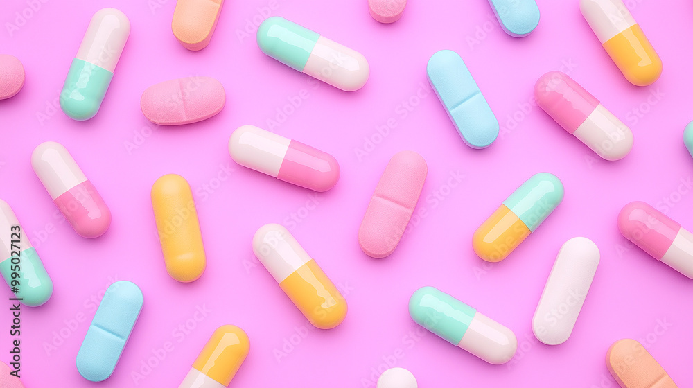 Flat lay colorful medicine different pills, tablets and capsules on pink color background. Flat lay colorful medicine different pills, tablets and capsules on pink color background.
