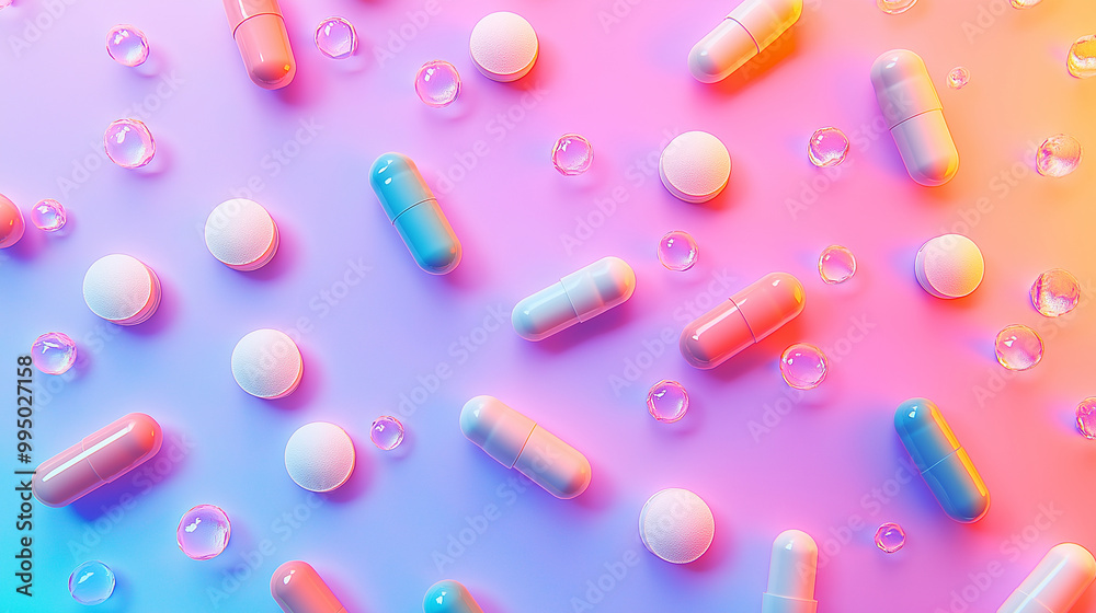 Flat lay colorful medicine different pills, tablets and capsules on gradient pastel color purple and pink background. Flat lay colorful medicine different pills, tablets and capsules on gradient pastel color purple and pink background.