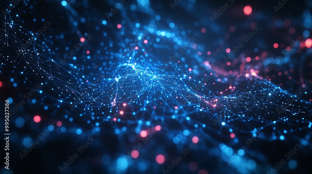 Colorful digital abstract background with glowing particles and connections in blue and red tones. Colorful digital abstract background with glowing particles and connections in blue and red tones.