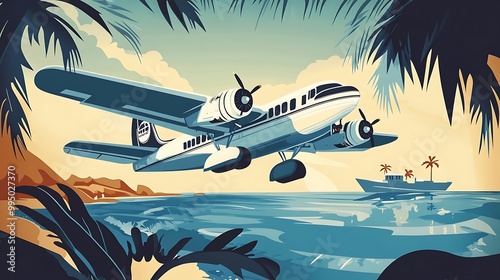 A vintage airline poster promoting travel to an exotic destination, featuring a classic airplane design photo