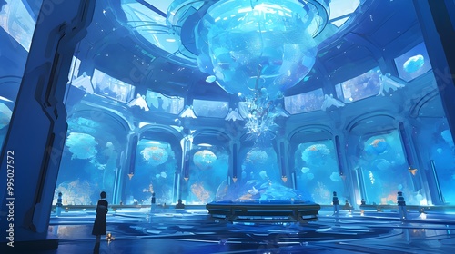 A Person Stands in a Blue, Futuristic, Architectural Space with Large Glowing Globes. photo