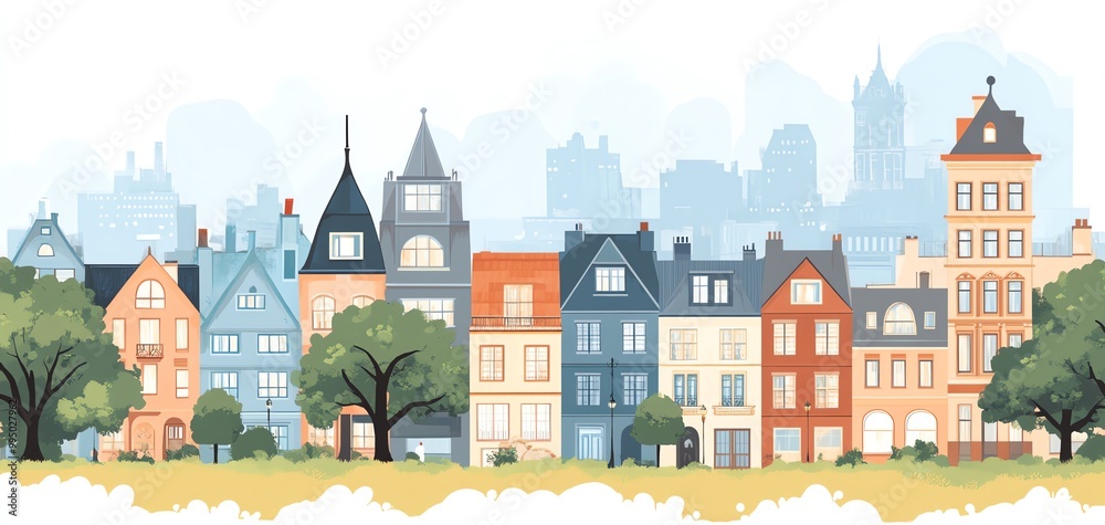 Colorful townhouses with trees, urban skyline in the background, white isolate background.