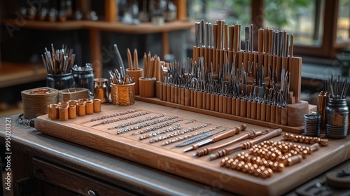 A neatly organized woodworking workshop with various tools.