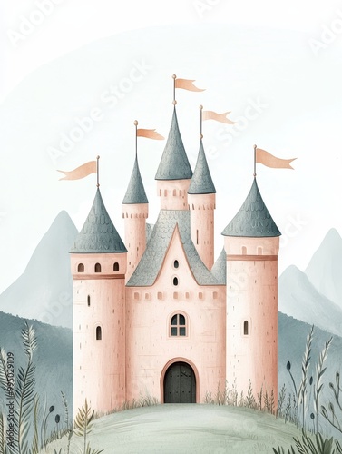 A whimsical pink fairytale castle nestled amidst rolling hills, symbolizing dreams, wonder, magic, adventure, and childhood innocence.