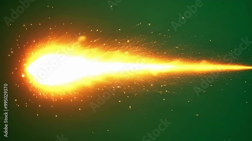 Fiery fireball streaks through the air against a green screen, leaving a trail of flames and sparks. Perfect for special effects projects
