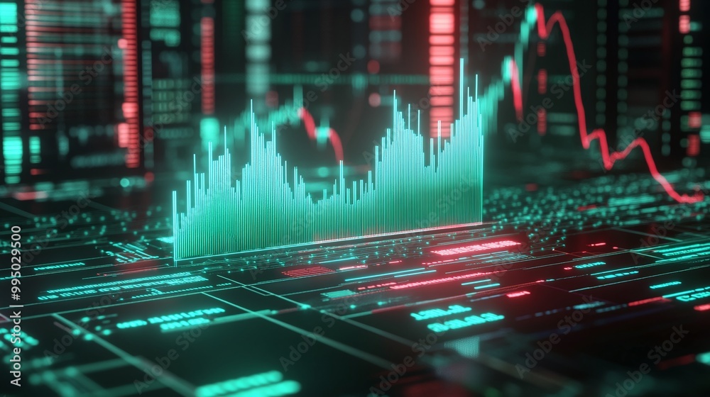 Data visualization with green and red graphs on a futuristic digital interface. Data visualization with green and red graphs on a futuristic digital interface.