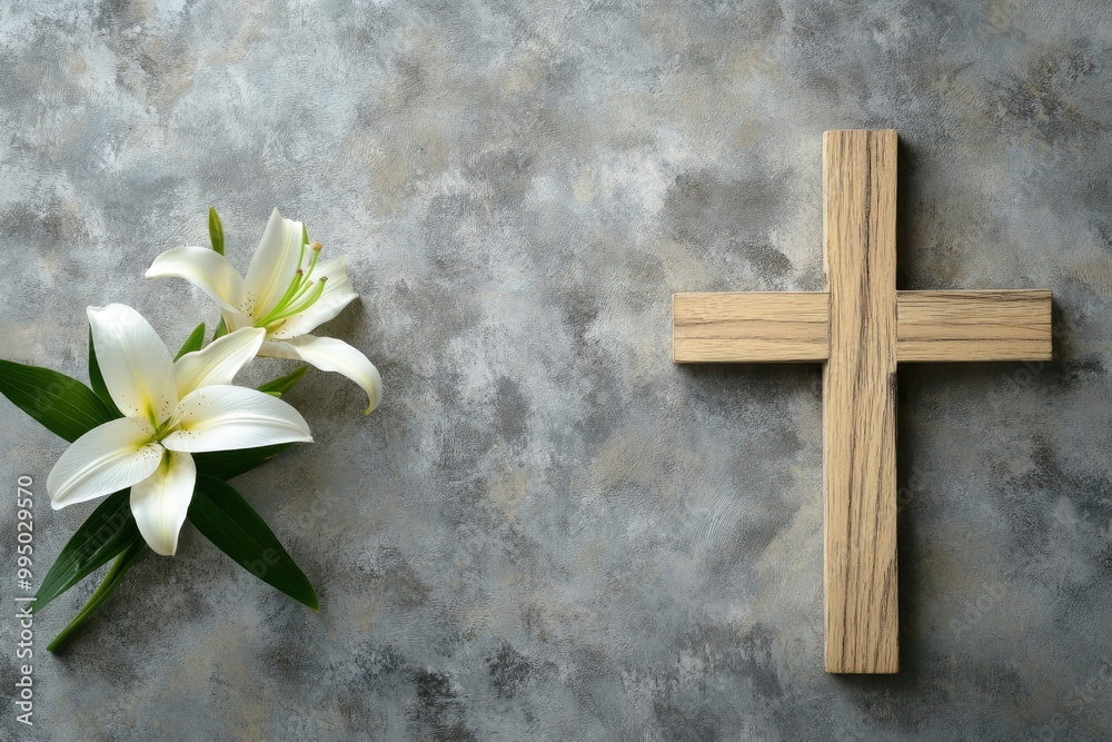 Wooden cross and lily on grey background with space for text, top view .generative ai Wooden cross and lily on grey background with space for text, top view .generative ai