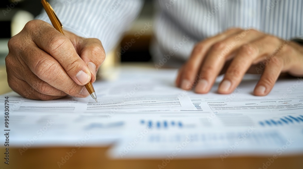 A person is analyzing documents and taking notes with a pen, surrounded by various printed papers displaying charts and graphs. A person is analyzing documents and taking notes with a pen, surrounded by various printed papers displaying charts and graphs.