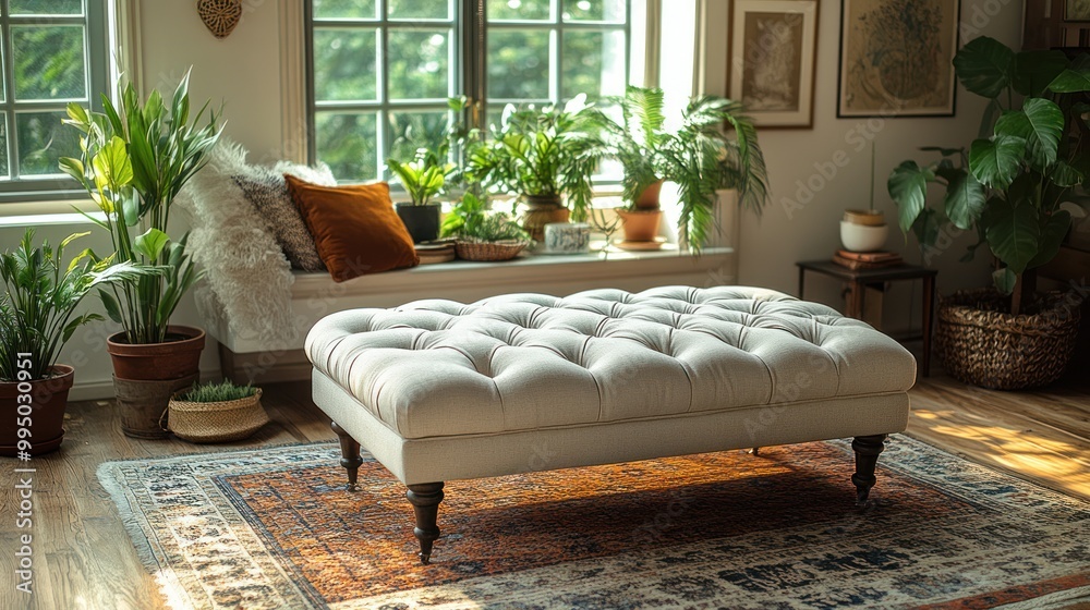 Cozy living space with a tufted ottoman and abundant greenery. Cozy living space with a tufted ottoman and abundant greenery.