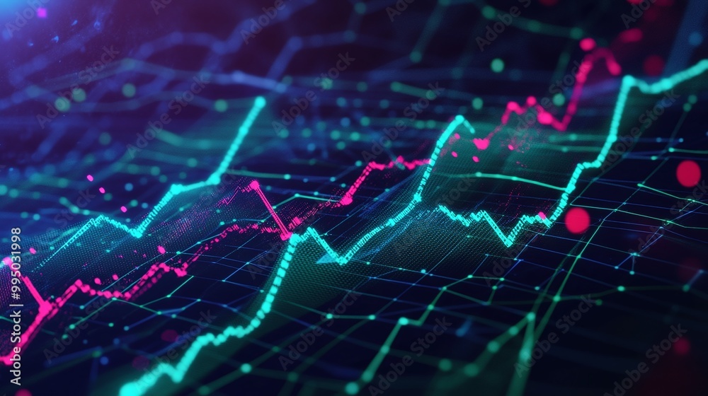 Digital financial data visualization with vibrant green and pink line graphs showcasing market trends. Digital financial data visualization with vibrant green and pink line graphs showcasing market trends.