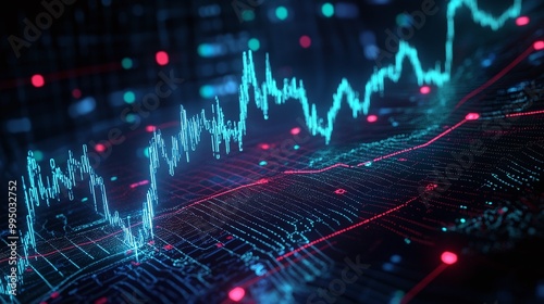 Digital stock market chart showing dynamic growth and fluctuating trends with vibrant neon colors.