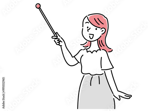 指し棒を持って説明するスカートを履いた笑顔の若い女性