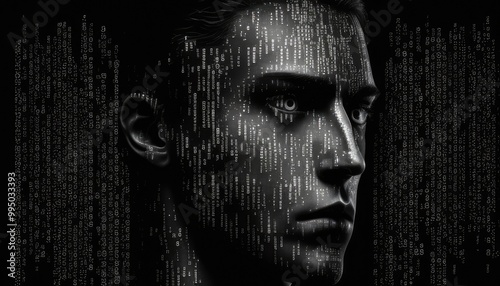 The picture of the human face that has been paint with binary code on the face in the dark room, binary code is system of representing text, instructions, or other data using two symbol system. AIG51. photo