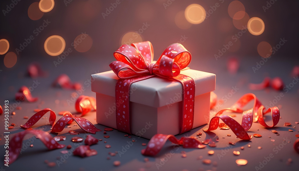 A Gift Box With Red Ribbon and Confetti in Warm Lighting A Gift Box With Red Ribbon and Confetti in Warm Lighting