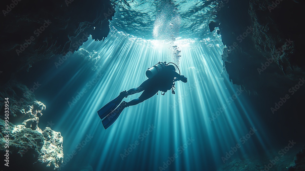 custom made wallpaper toronto digitalDiver exploring underwater cave with sun rays filtering through water surface.