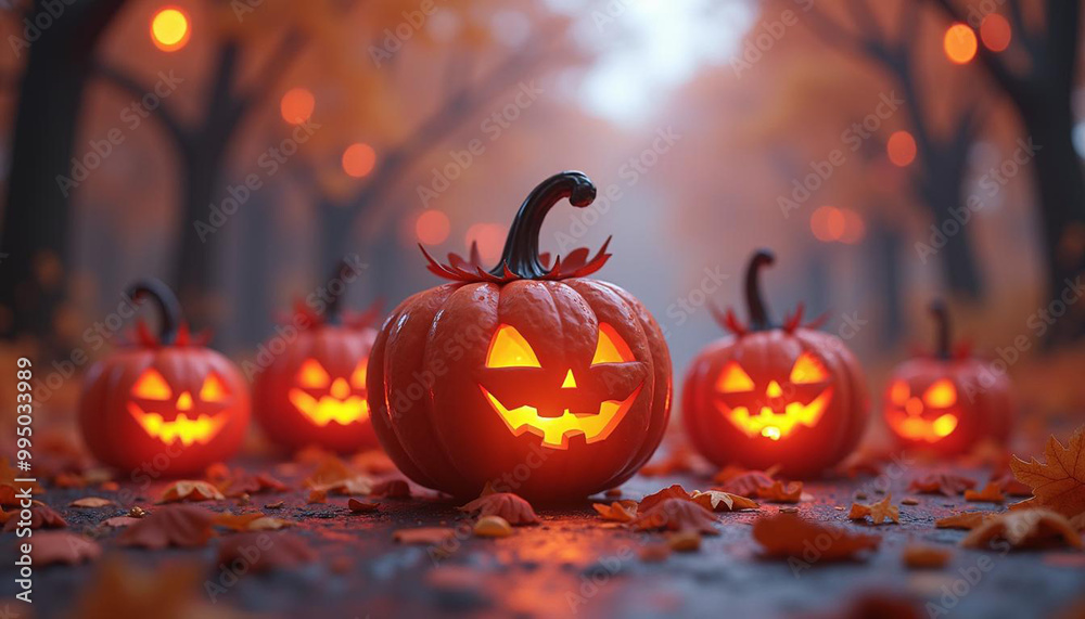 Fototapeta premium Lit Jack-o'-Lanterns on a Path with Autumn Leaves