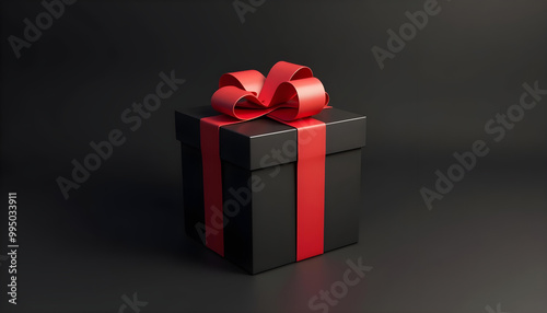 Black Gift Box with Red Bow on Black Background