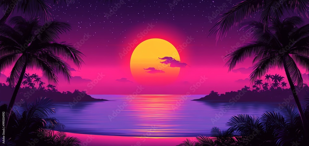 Obraz premium Dreamy tropical sunset over a calm sea with vibrant colors and palm silhouettes.