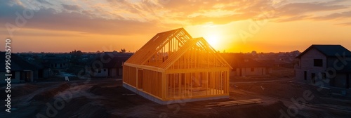 An aerial view of a new home under construction, showcasing the wooden frame against a stunning golden sunset. This image represents new beginnings, growth, and the promise of a bright future. photo