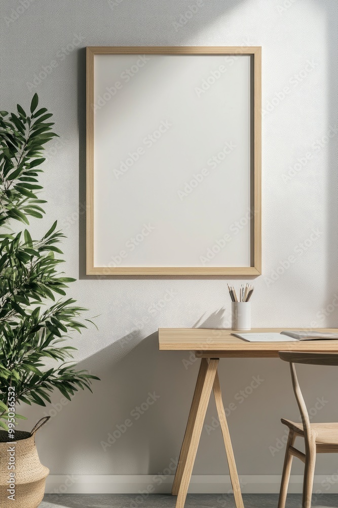 A minimal wood picture frame mockup on a white wall in a modern meeting room. 3d render, 3d illustration.generative ai