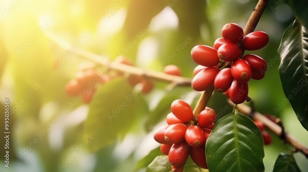 A Fresh red coffee bean on tree, blurred background , copy space A Fresh red coffee bean on tree, blurred background , copy space