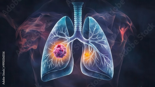 Lungs with highlighted tumor, importance of screening, soft watercolor tones