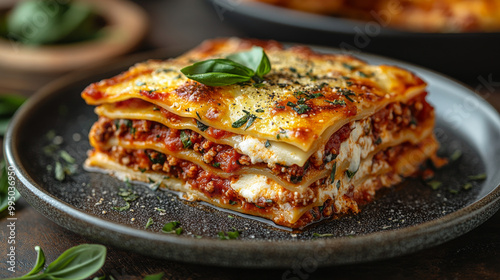 A delicious slice of lasagna with melted cheese, tomato sauce, and fresh basil.