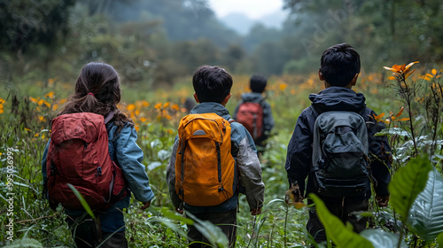 Kids Hike Through Lush Gree...