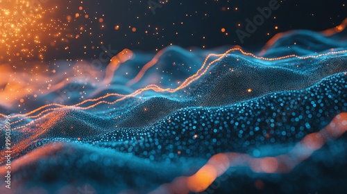 Dynamic digital waves with glowing particles in abstract composition, ideal for modern design projects.