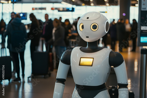 Wallpaper Mural A humanoid robot conducting security checks at a busy airport, efficiently scanning luggage, guiding passengers through procedures, and ensuring a smooth flow, in a high-tech security checkpoint Torontodigital.ca
