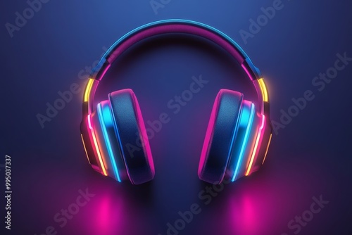 Neon rainbow colored headphones glowing in a minimalistic background representing modern sound technology and vibrant digital audio innovation