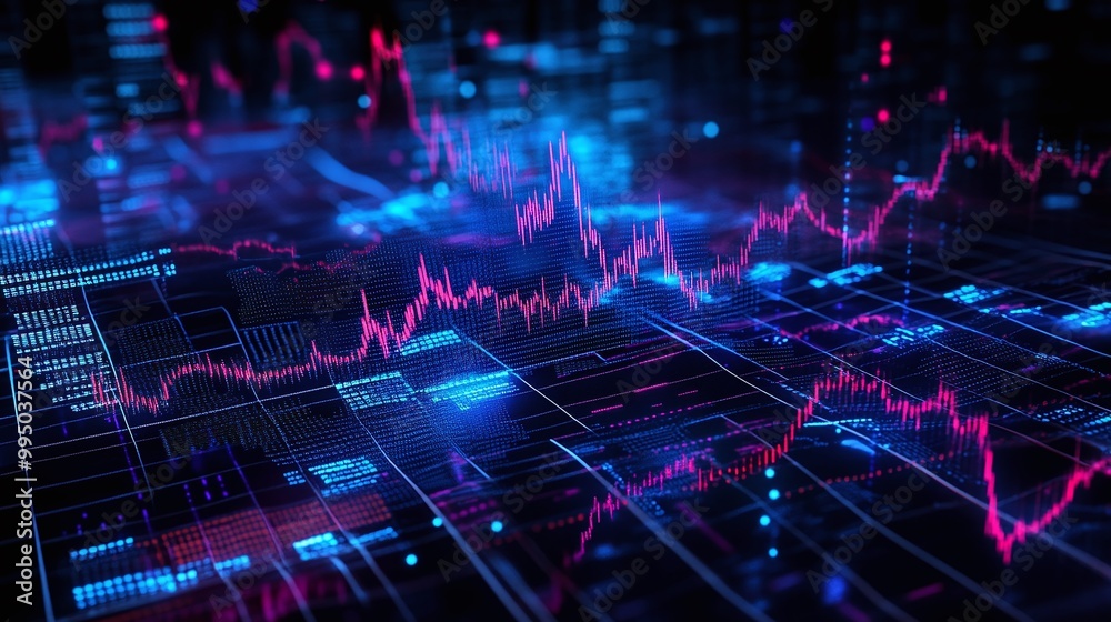 Fototapeta premium Dynamic financial data visualization with vibrant graphs on a digital screen.