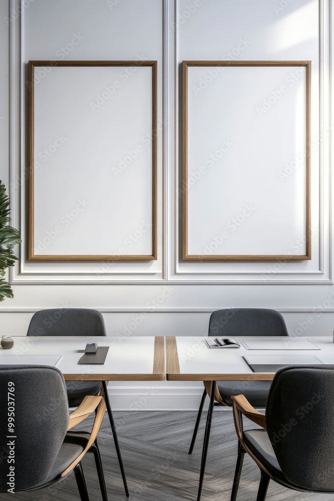 A minimal wood picture frame mockup on a white wall in a modern meeting room. 3d render, 3d illustration.generative ai A minimal wood picture frame mockup on a white wall in a modern meeting room. 3d render, 3d illustration.generative ai