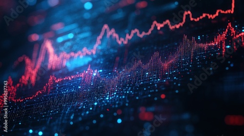 Dynamic financial graph with blue and red lines showcasing market trends and fluctuations on a dark background.