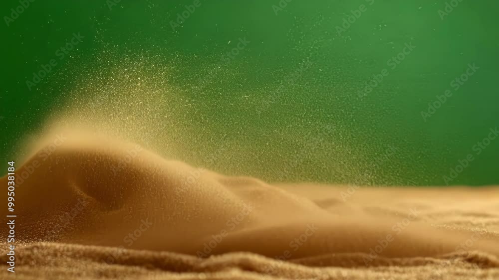 Fine sand particles blown into dune shape, creating stunning texture against green screen. Close up captures nature details in motion, with wind adding dynamic element