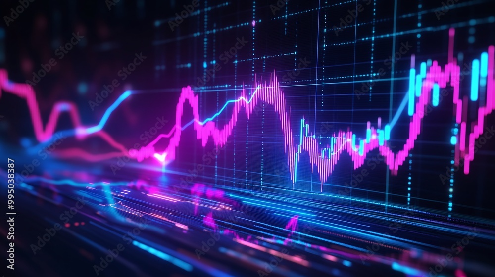 Dynamic stock market graph displaying vibrant data trends and fluctuations in blue and pink against a dark background. Dynamic stock market graph displaying vibrant data trends and fluctuations in blue and pink against a dark background.