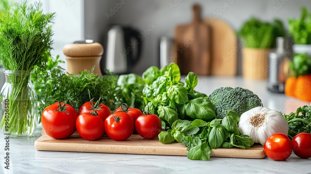 Fresh vegetables neatly arranged on a kitchen counter. Fresh vegetables neatly arranged on a kitchen counter.