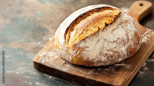 Freshly baked bread loaf on a wooden cutting board.