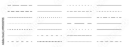 Black straight dashed line set. Dotted dividers and separators design element collection. Broken stroke pack for underline, emphasis, highlight. Repeated dash thin lines bundle. Vector