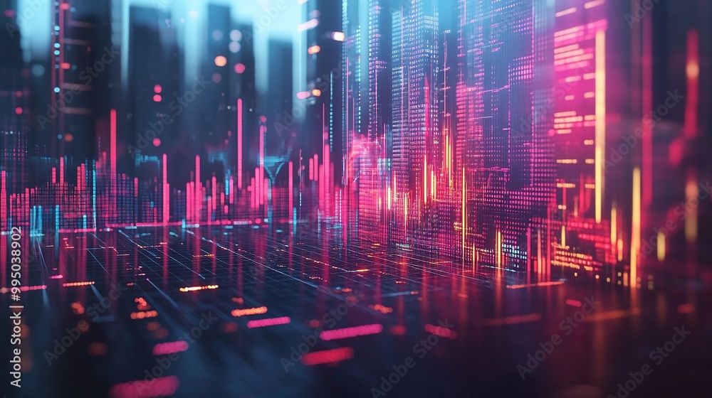 Futuristic cityscape with neon digital data visualizations and glowing graphs, representing technology and innovation. Futuristic cityscape with neon digital data visualizations and glowing graphs, representing technology and innovation.