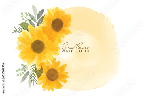 Sunflower watercolor background. Summer yellow blossom flowers collection. Vector illustration. Botanical watercolor hand drawn sunflowers, leaves, plants. 