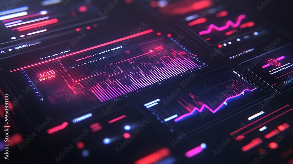 Obraz premium Futuristic data interface featuring graphs and analytics in neon colors.