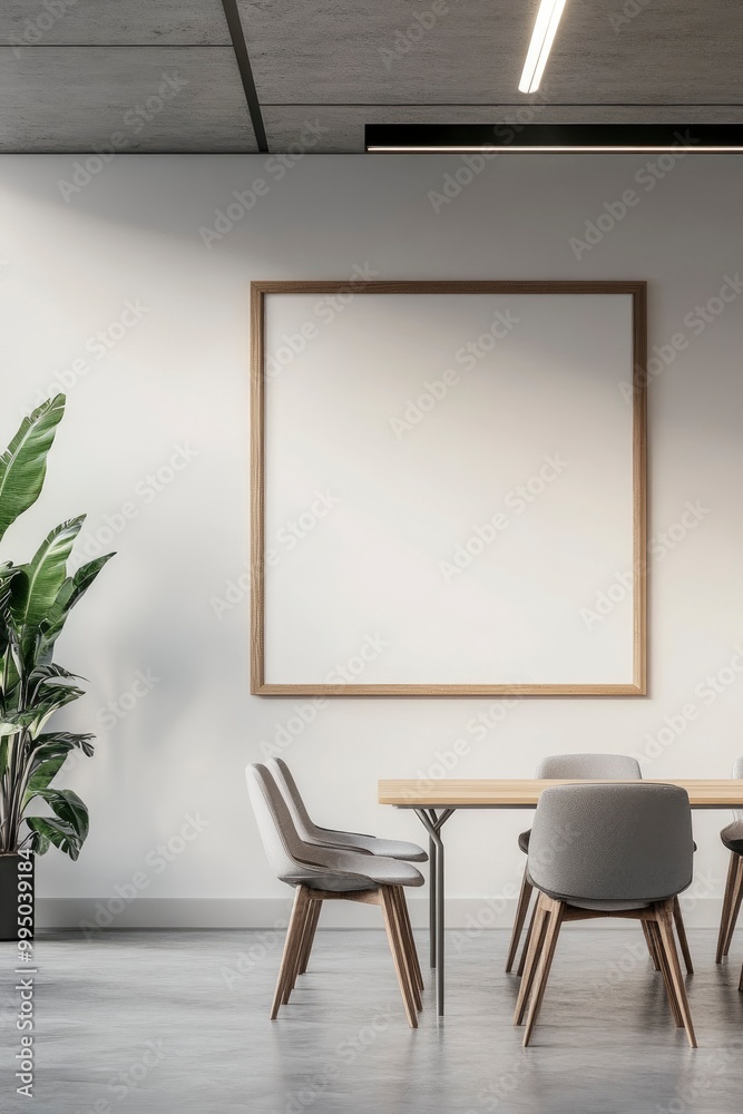 A minimal wood picture frame mockup on a white wall in a modern meeting room. 3d render, 3d illustration.generative ai A minimal wood picture frame mockup on a white wall in a modern meeting room. 3d render, 3d illustration.generative ai
