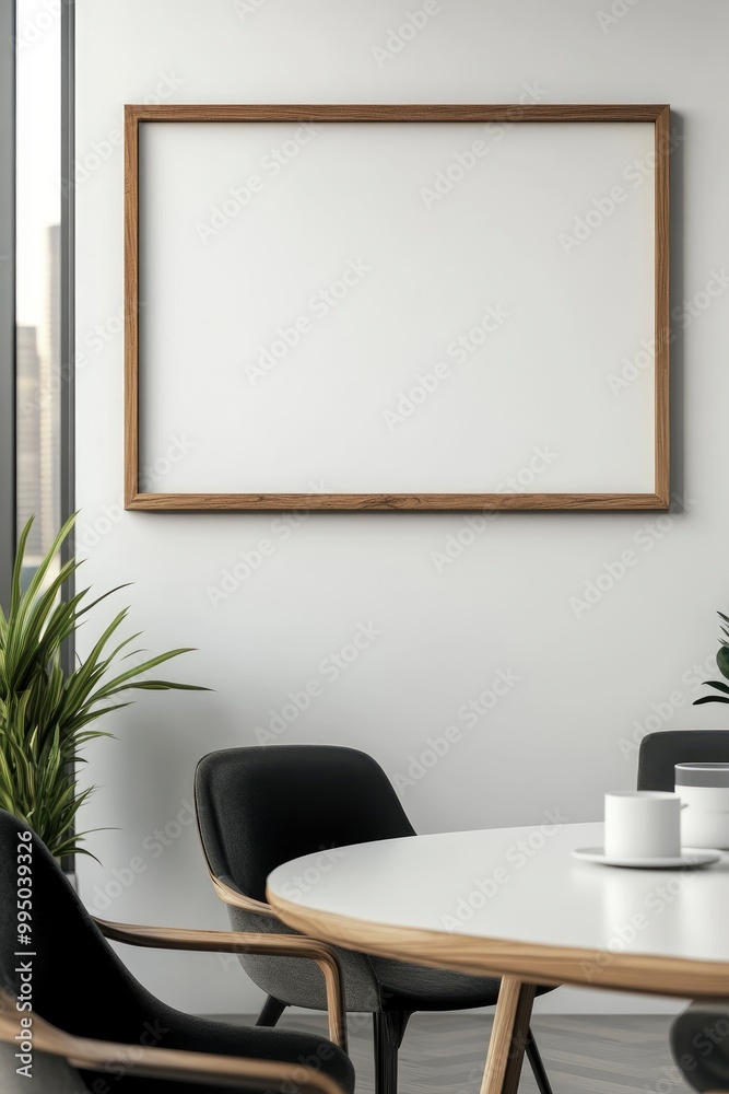 A minimal wood picture frame mockup on a white wall in a modern meeting room. 3d render, 3d illustration.generative ai A minimal wood picture frame mockup on a white wall in a modern meeting room. 3d render, 3d illustration.generative ai