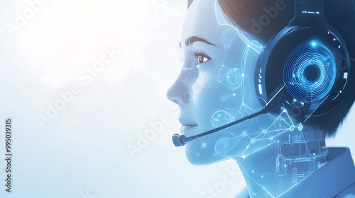 Conceptual image of a virtual assistant with a humanlike face and AI technology integrated into its design.