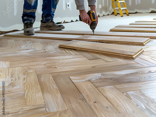 AI-Generated image of A man is working on a floor with a drill. The floor is made of wood and has a checkered pattern photo